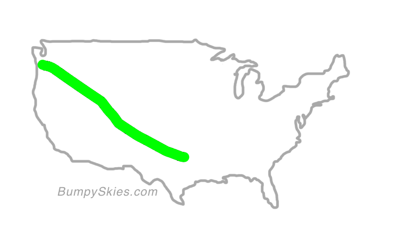 Map of continental US with illustrated flight path and turbulence forecast (described in text below)