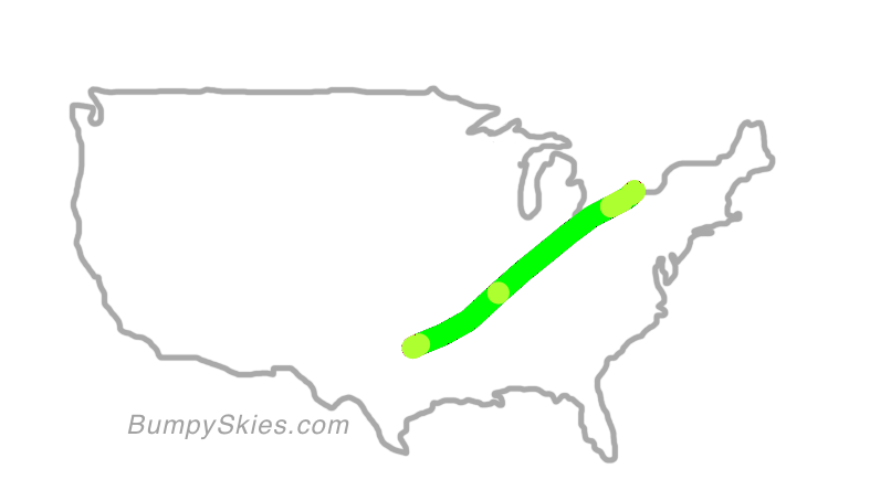 Map of continental US with illustrated flight path and turbulence forecast (described in text below)
