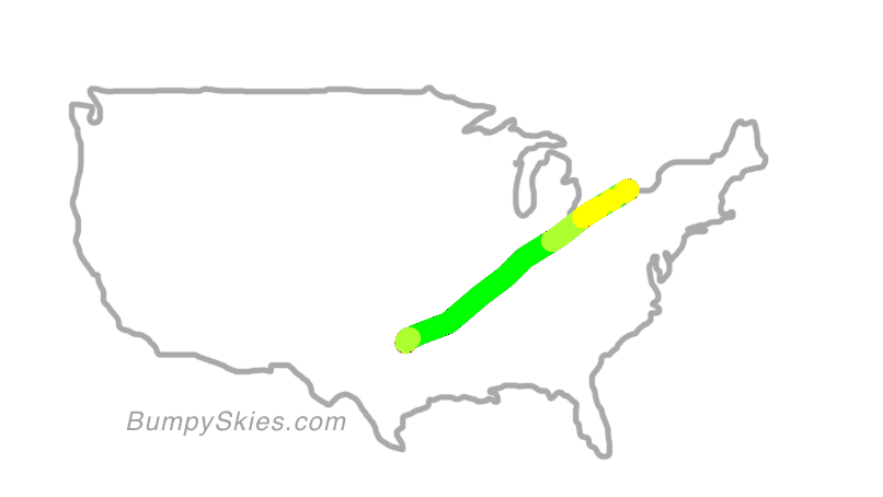 Map of continental US with illustrated flight path and turbulence forecast (described in text below)