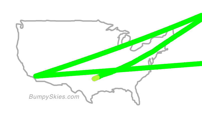 Map of continental US with illustrated flight path and turbulence forecast (described in text below)