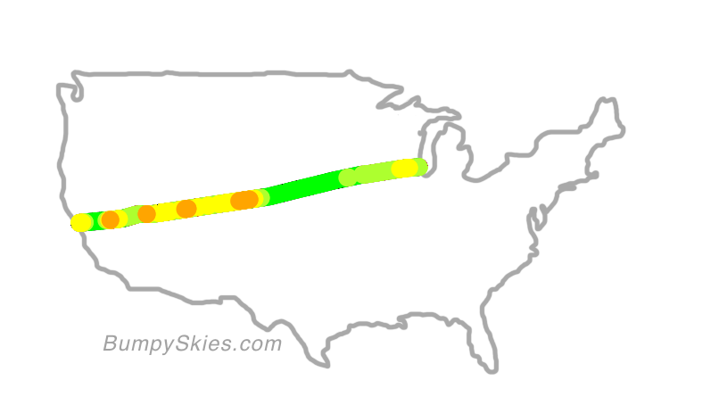 Map of continental US with illustrated flight path and turbulence forecast (described in text below)