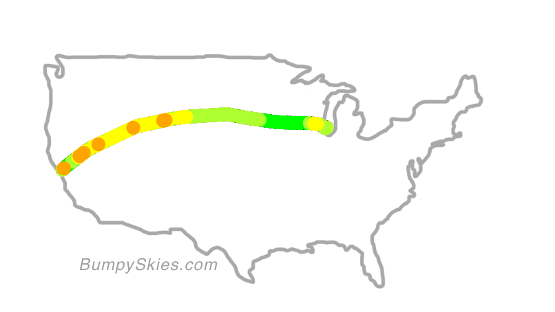 Map of continental US with illustrated flight path and turbulence forecast (described in text below)