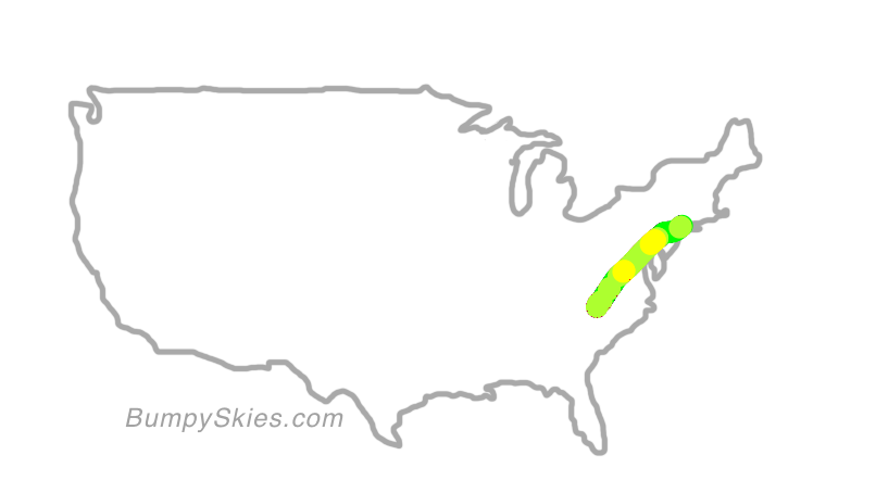 Map of continental US with illustrated flight path and turbulence forecast (described in text below)