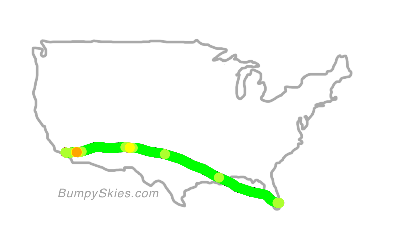 Map of continental US with illustrated flight path and turbulence forecast (described in text below)