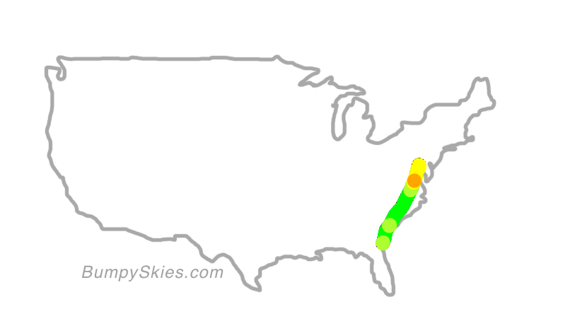 Map of continental US with illustrated flight path and turbulence forecast (described in text below)