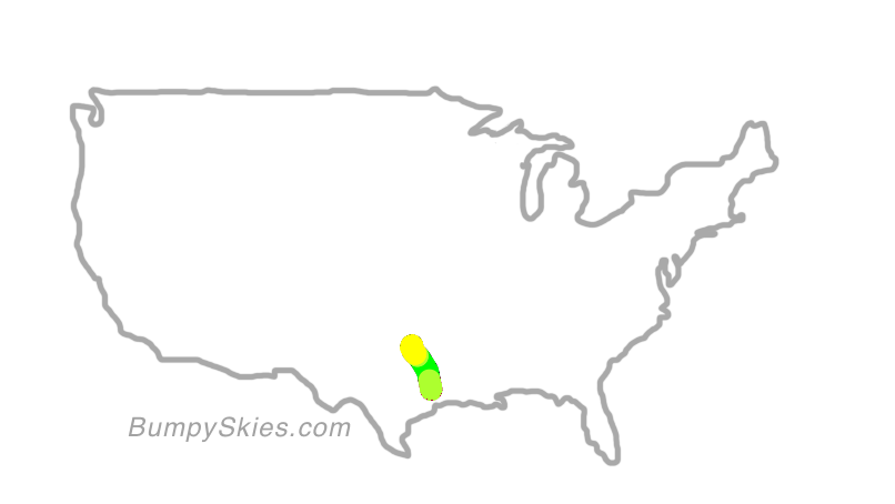 Map of continental US with illustrated flight path and turbulence forecast (described in text below)