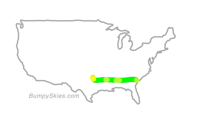 Map of continental US with illustrated flight path and turbulence forecast (described in text below)