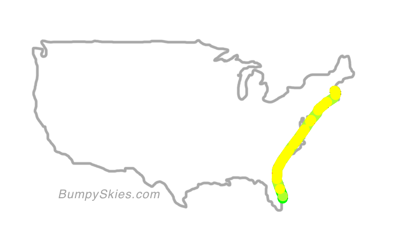 Map of continental US with illustrated flight path and turbulence forecast (described in text below)