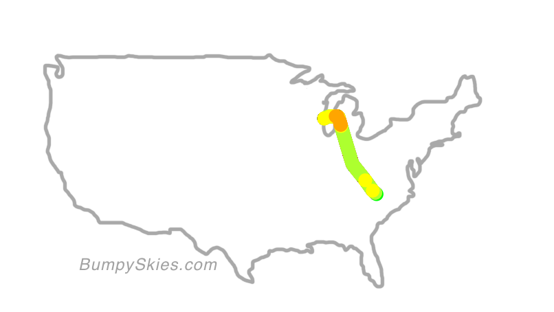 Map of continental US with illustrated flight path and turbulence forecast (described in text below)