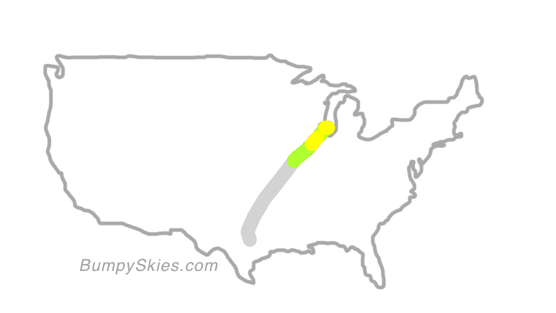 Map of continental US with illustrated flight path and turbulence forecast (described in text below)
