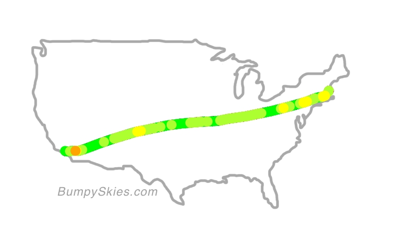 Map of continental US with illustrated flight path and turbulence forecast (described in text below)