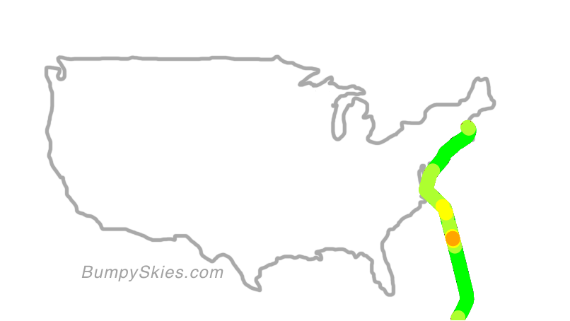Map of continental US with illustrated flight path and turbulence forecast (described in text below)