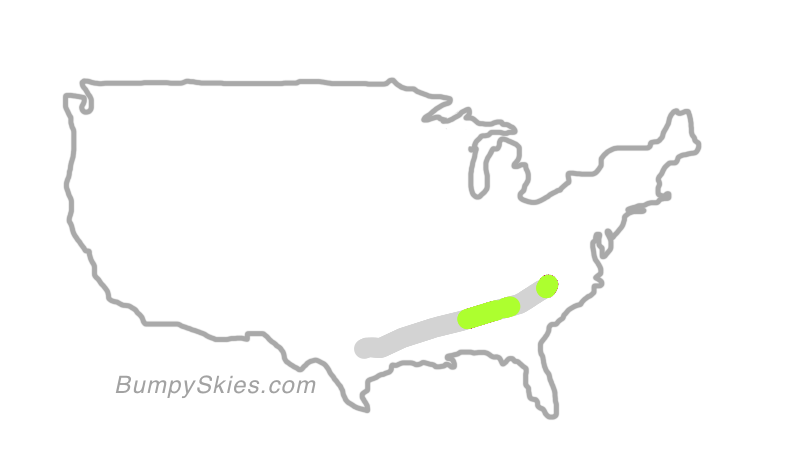 Map of continental US with illustrated flight path and turbulence forecast (described in text below)