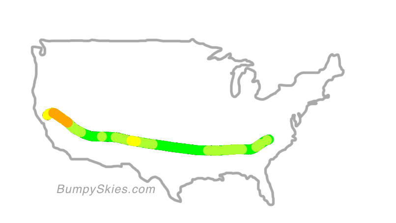 Map of continental US with illustrated flight path and turbulence forecast (described in text below)