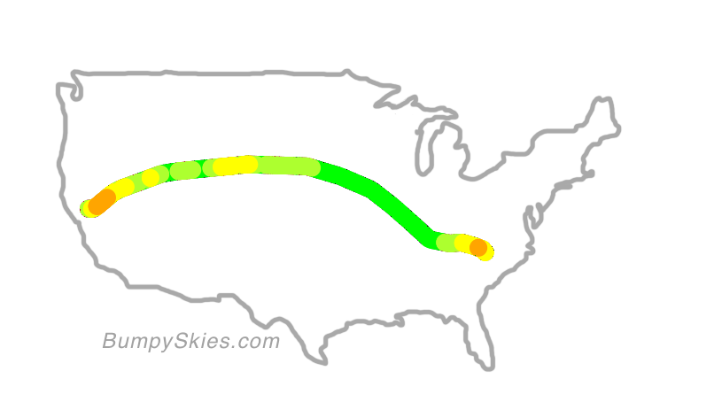 Map of continental US with illustrated flight path and turbulence forecast (described in text below)