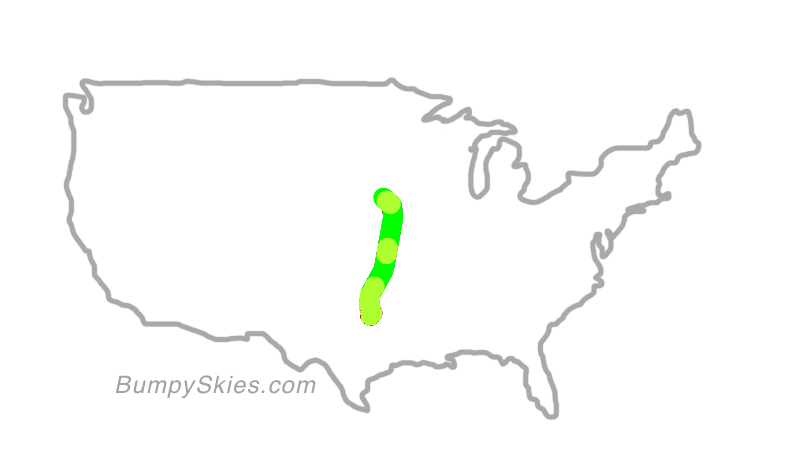 Map of continental US with illustrated flight path and turbulence forecast (described in text below)