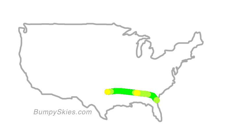 Map of continental US with illustrated flight path and turbulence forecast (described in text below)