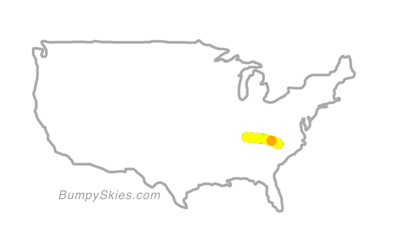Map of continental US with illustrated flight path and turbulence forecast (described in text below)