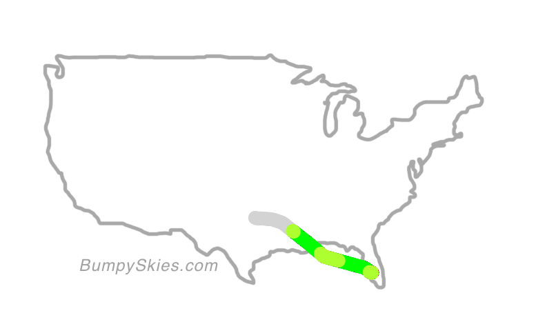 Map of continental US with illustrated flight path and turbulence forecast (described in text below)