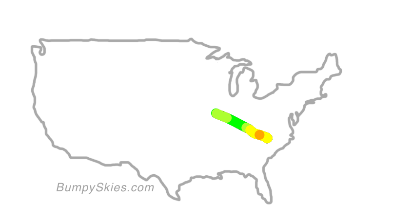 Map of continental US with illustrated flight path and turbulence forecast (described in text below)