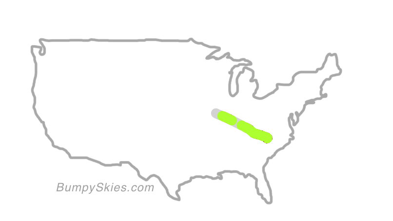 Map of continental US with illustrated flight path and turbulence forecast (described in text below)