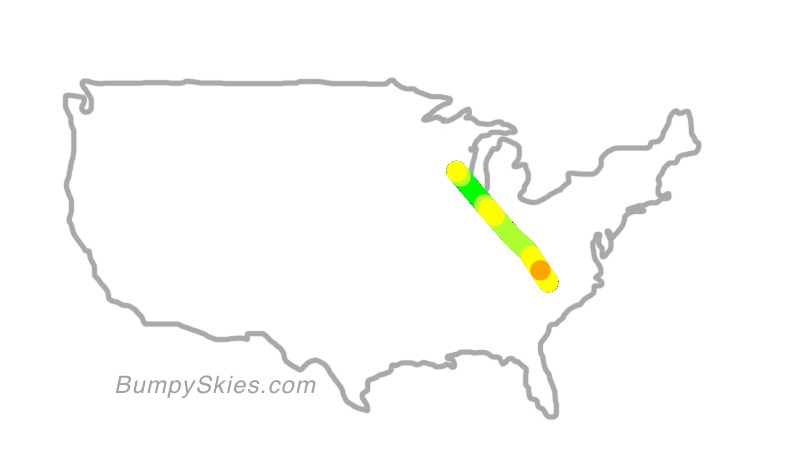 Map of continental US with illustrated flight path and turbulence forecast (described in text below)