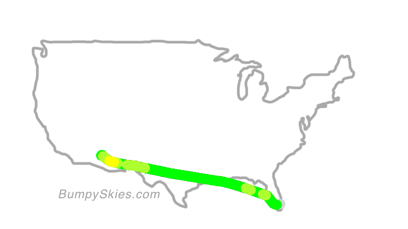 Map of continental US with illustrated flight path and turbulence forecast (described in text below)
