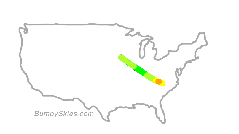 Map of continental US with illustrated flight path and turbulence forecast (described in text below)