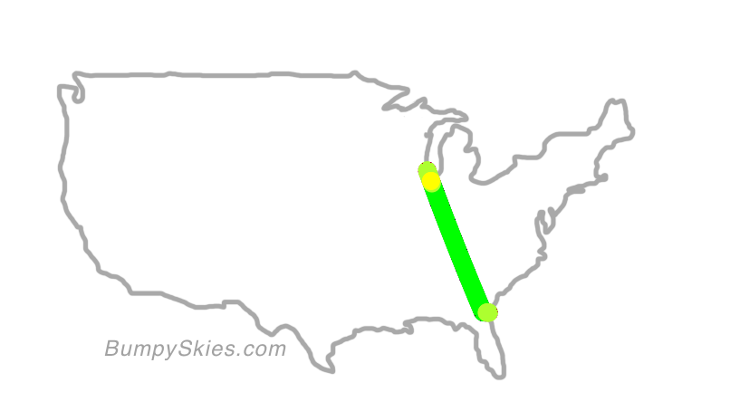 Map of continental US with illustrated flight path and turbulence forecast (described in text below)