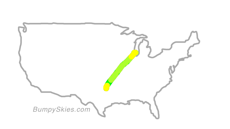 Map of continental US with illustrated flight path and turbulence forecast (described in text below)