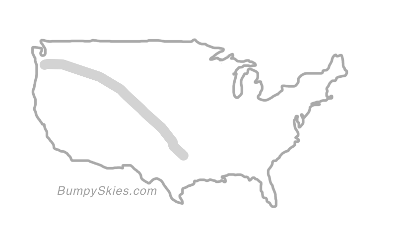 Map of continental US with illustrated flight path and turbulence forecast (described in text below)