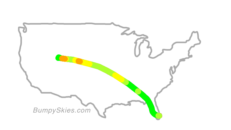 Map of continental US with illustrated flight path and turbulence forecast (described in text below)
