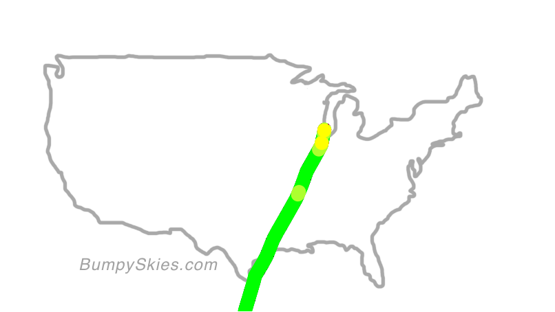 Map of continental US with illustrated flight path and turbulence forecast (described in text below)