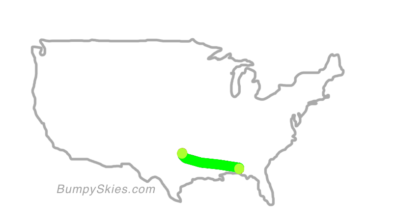 Map of continental US with illustrated flight path and turbulence forecast (described in text below)
