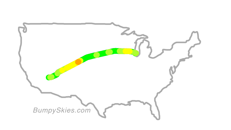 Map of continental US with illustrated flight path and turbulence forecast (described in text below)