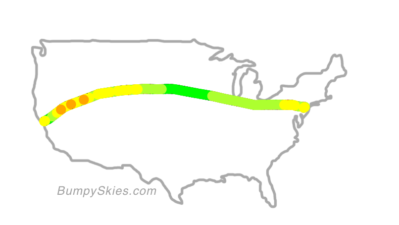 Map of continental US with illustrated flight path and turbulence forecast (described in text below)