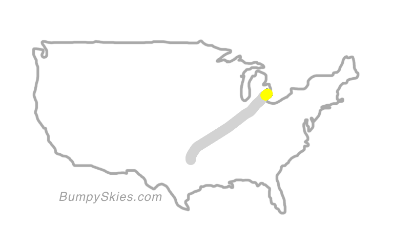 Map of continental US with illustrated flight path and turbulence forecast (described in text below)