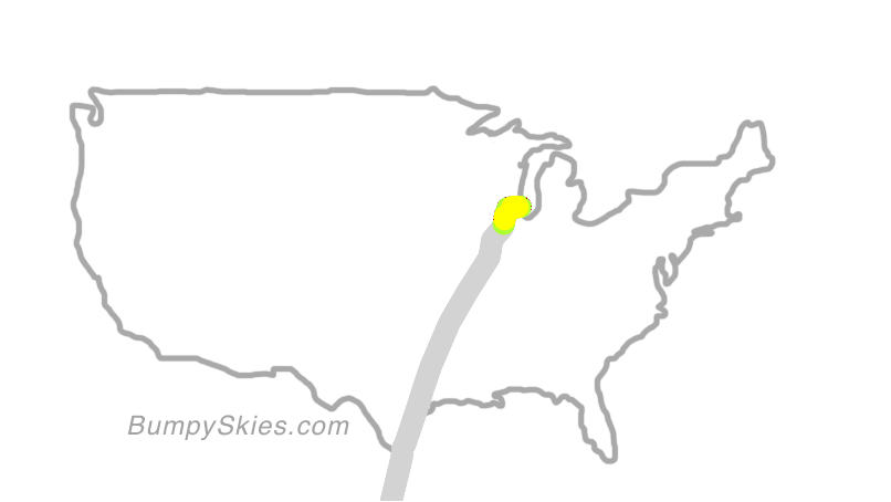 Map of continental US with illustrated flight path and turbulence forecast (described in text below)