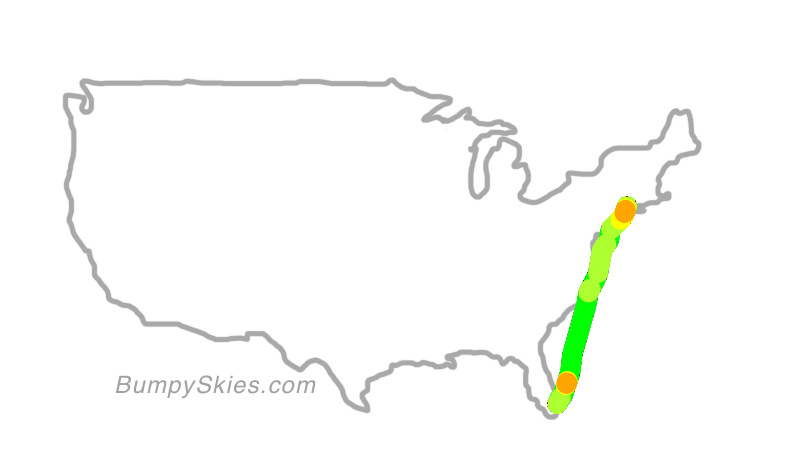 Map of continental US with illustrated flight path and turbulence forecast (described in text below)