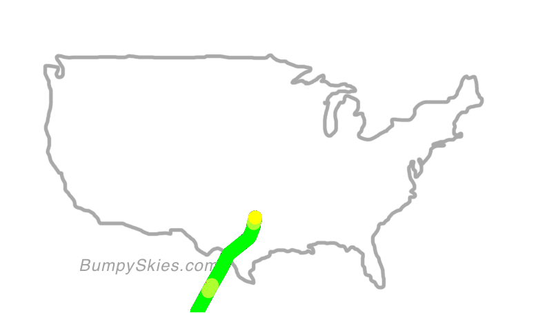 Map of continental US with illustrated flight path and turbulence forecast (described in text below)