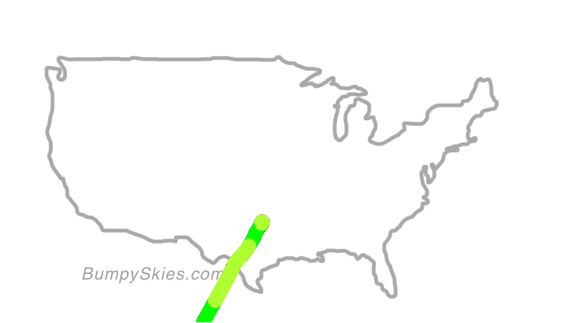 Map of continental US with illustrated flight path and turbulence forecast (described in text below)