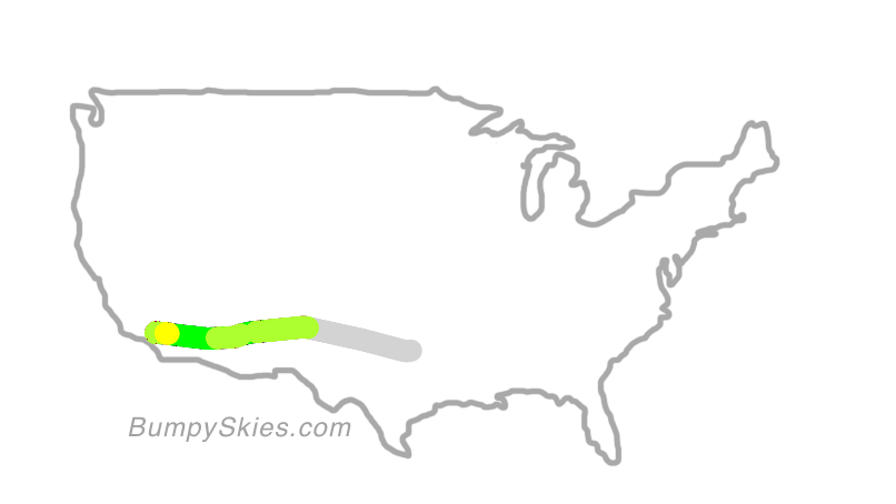 Map of continental US with illustrated flight path and turbulence forecast (described in text below)