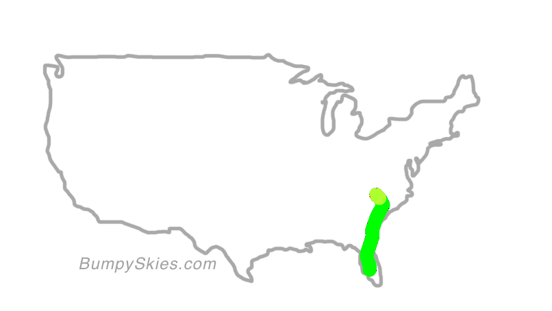 Map of continental US with illustrated flight path and turbulence forecast (described in text below)