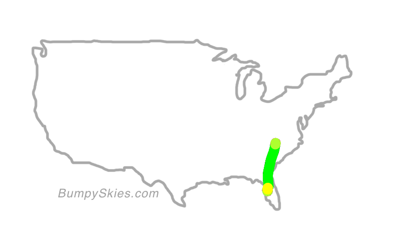 Map of continental US with illustrated flight path and turbulence forecast (described in text below)
