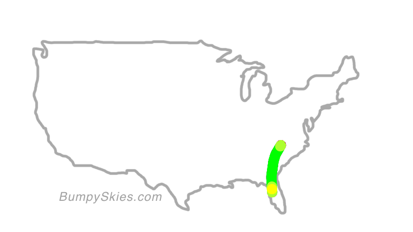Map of continental US with illustrated flight path and turbulence forecast (described in text below)