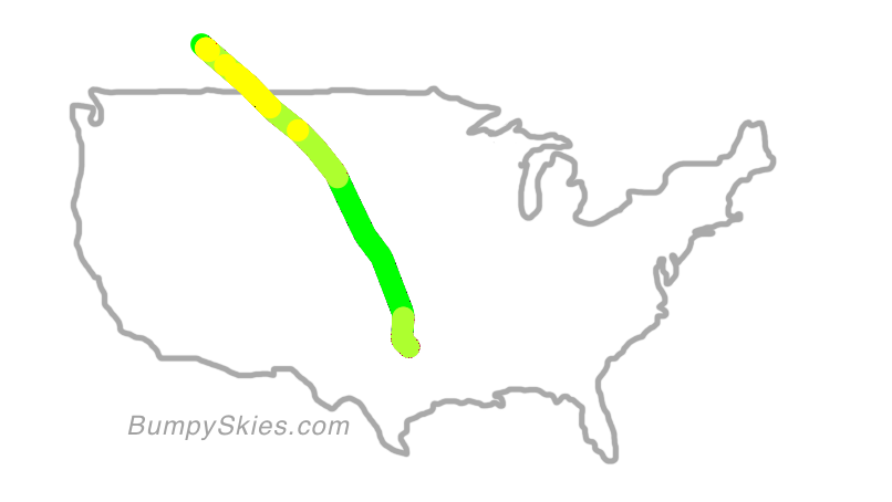 Map of continental US with illustrated flight path and turbulence forecast (described in text below)