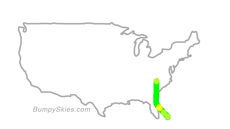 Map of continental US with illustrated flight path and turbulence forecast (described in text below)