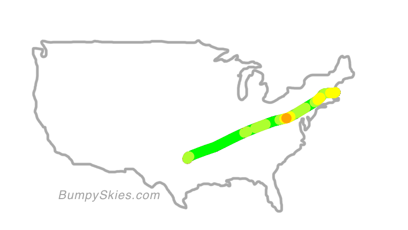 Map of continental US with illustrated flight path and turbulence forecast (described in text below)