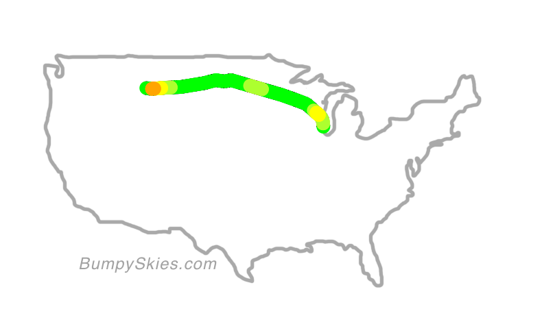 Map of continental US with illustrated flight path and turbulence forecast (described in text below)