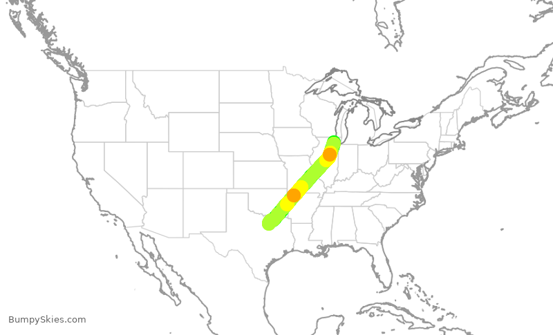 Turbulence forecast map for AAL2531, ORD to DFW